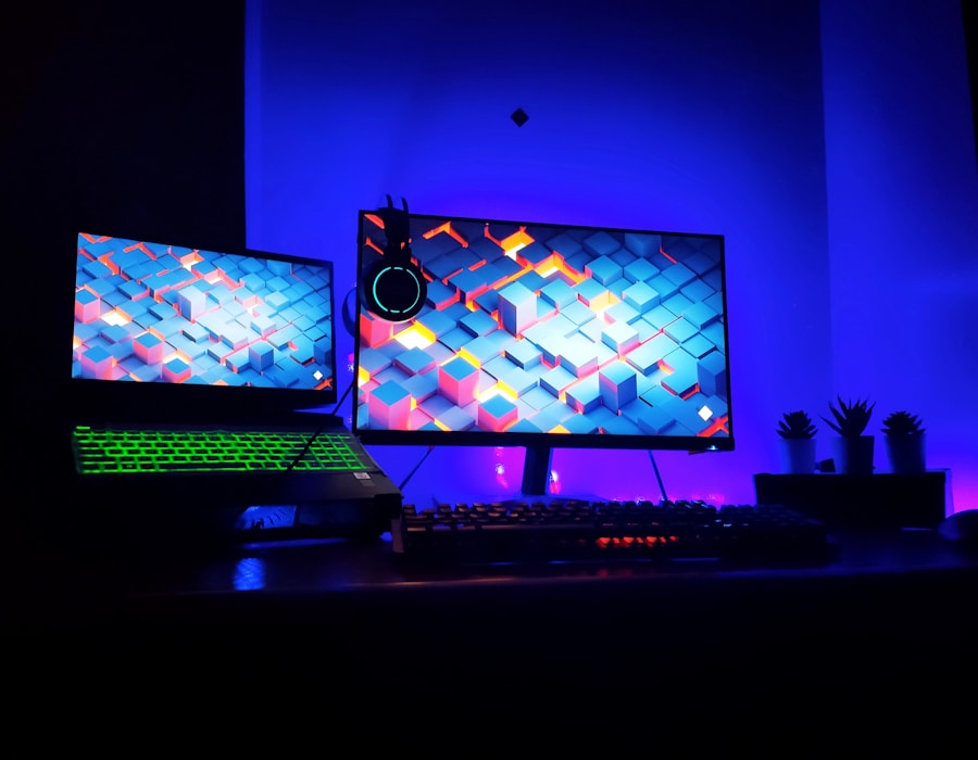 Dual-monitor gaming rig running a game